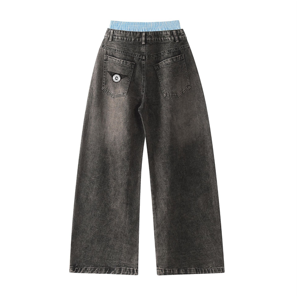 303 Unisex Double Waist Design Hip-hop Style Wide Leg Jeans