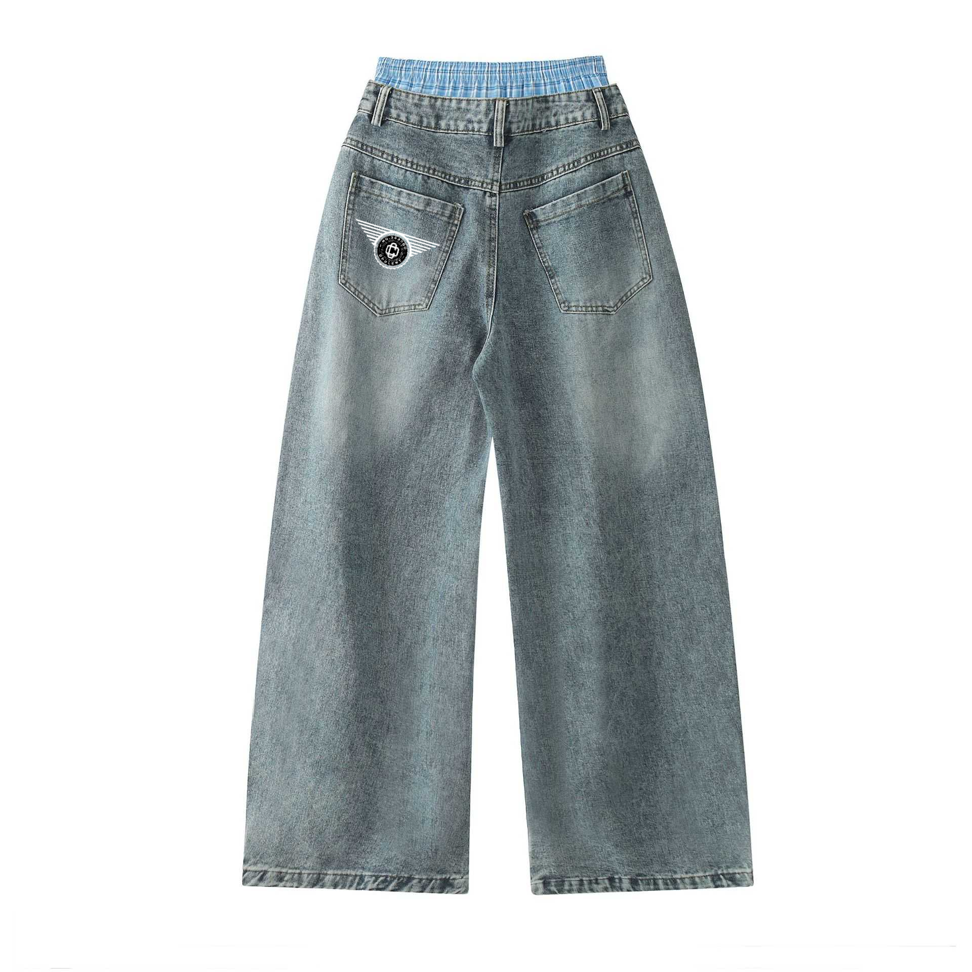303 Unisex Double Waist Design Hip-hop Style Wide Leg Jeans
