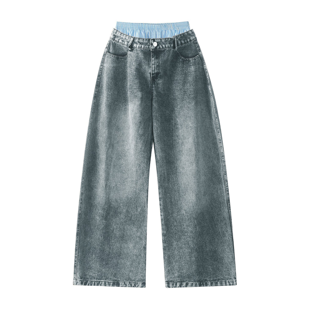 303 Unisex Double Waist Design Hip-hop Style Wide Leg Jeans