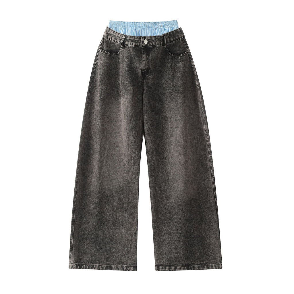 303 Unisex Double Waist Design Hip-hop Style Wide Leg Jeans