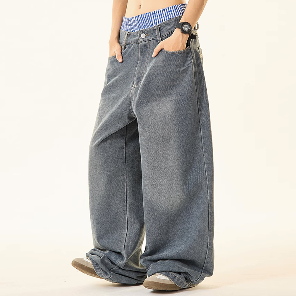 303 Unisex Double Waist Design Hip-hop Style Wide Leg Jeans