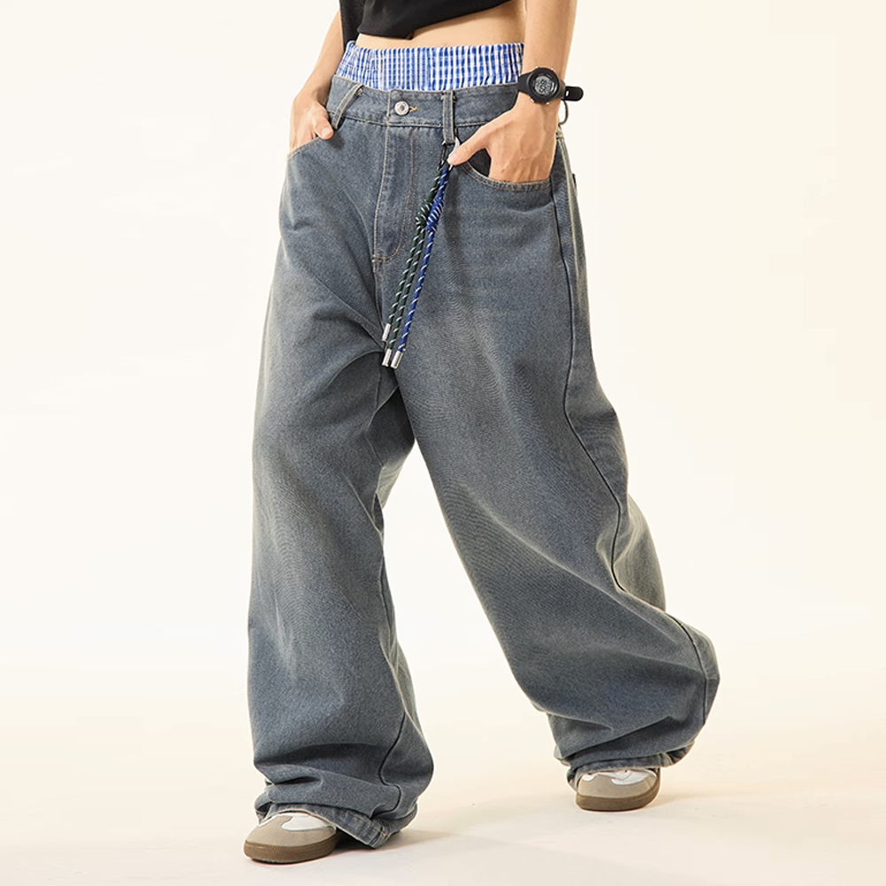 303 Unisex Double Waist Design Hip-hop Style Wide Leg Jeans