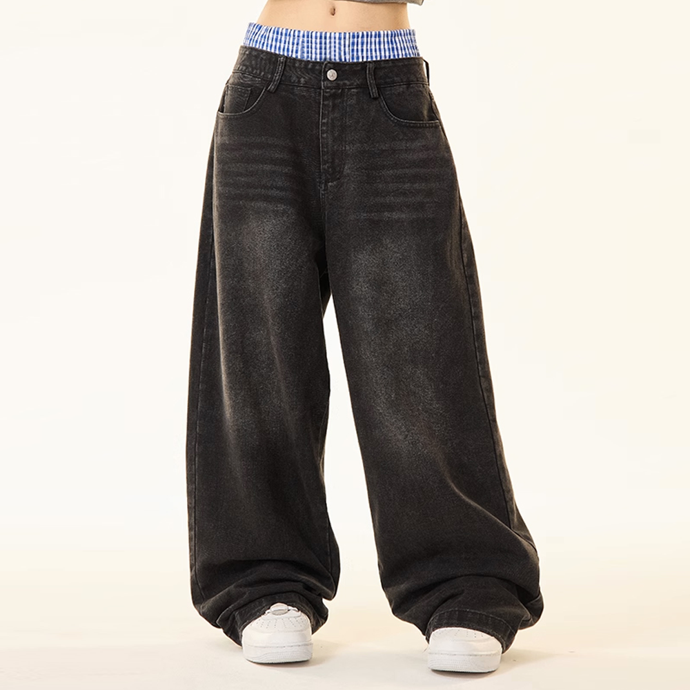 303 Unisex Double Waist Design Hip-hop Style Wide Leg Jeans